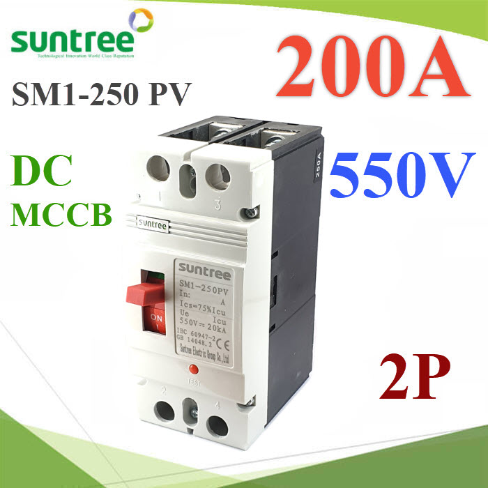 MCCB 550VDC 200A เบรกเกอร์ไฟฟ้า DC Solar Non-polarity SUNTREE รุ่น SM1-250 DCSolar DC Battery Moduled case circuit breaker Non-polarity Max. 550VDC 2P 200A SUNTREE