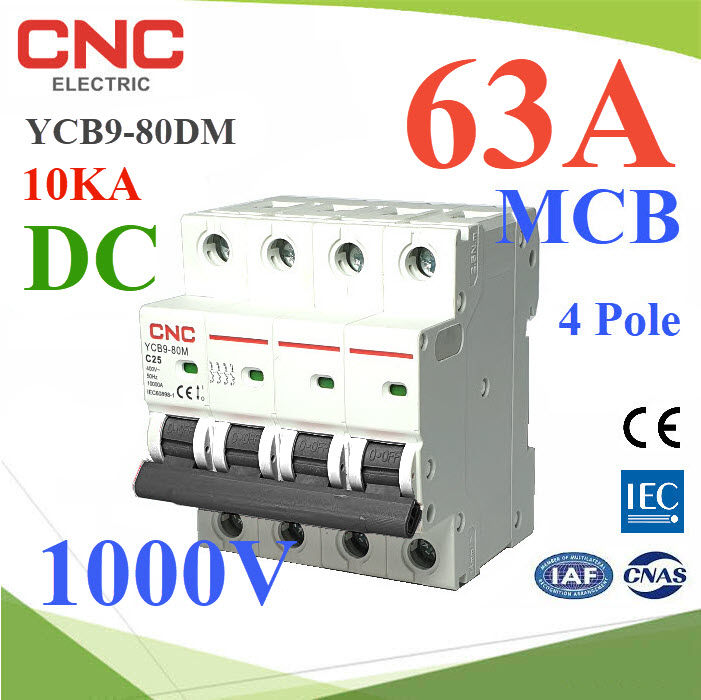 เบรกเกอร์ DC 1000V 63A 4Pole เบรกเกอร์ไฟฟ้า CNC โซลาร์เซลล์ MCBMCB YCB9-80DM DC 1000V 63A 4Pole 10KA Solar DC Mini Circuit Breaker CNC