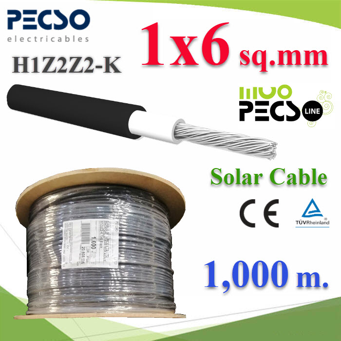 1000 เมตร สายไฟ Solar DC สำหรับ โซล่าเซลล์ PV1-F 1x6.0 mm2 สีดำSolar Cable H1Z2Z2-K for use in Photovoltaic System 6 Sq.mm 1000m.
