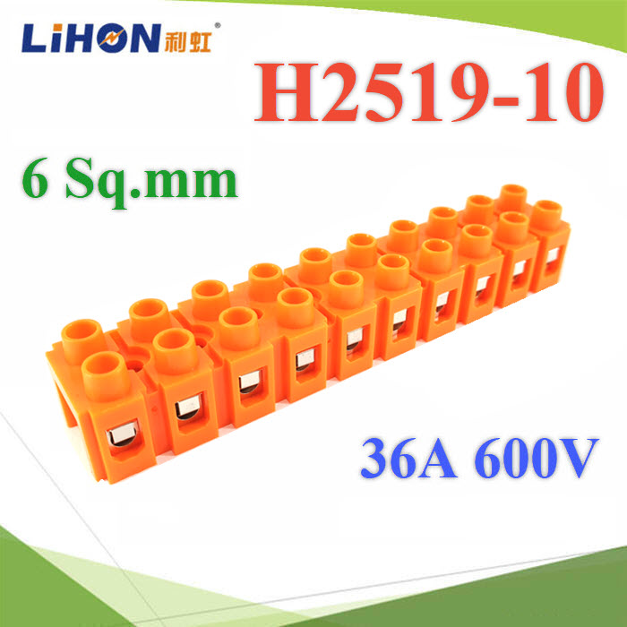 เทอร์มินอลบล็อก H2519 ข้อต่อสายไฟ 6 Sq.mm ขนาด 36A 600V แบบ 10 ช่องH2519-10 H Fixed Terminal Blocks Orange High Quality Wire Connector screw 10 way