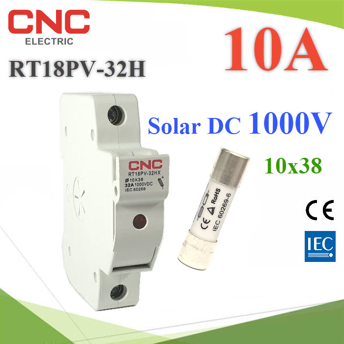 ฟิวส์ 10A สำหรับโซลาร์เซลล์ 10x38 DC 1000V พร้อม กล่องฟิวส์ CNC ครบชุดFuse DC 10A 1000V PV Solar Cell 10x38 with CNC Fuse Holder din rial type