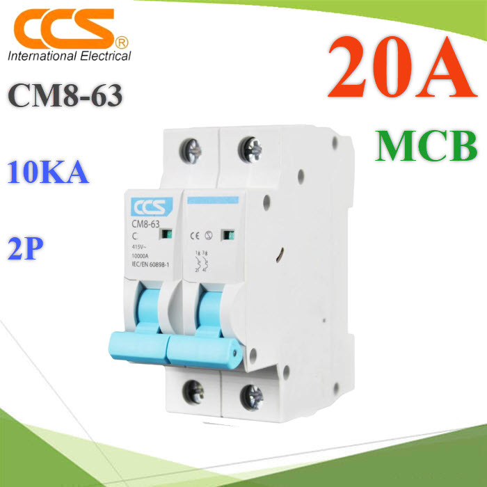 MCB AC 20A 2Pole เบรกเกอร์ไฟฟ้า CCS CM8-63 ตัดวงจรไฟฟ้า กระแสเกินพิกัด ไฟลัดวงจร 10KACM8-63 AC MCB 20A 2Pole 10KA Miniature Circuit Breaker CCS 230V 400V