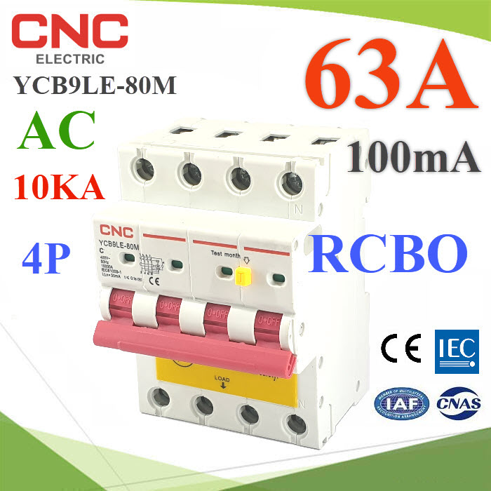 YCB9LE-80M RCBO 4P 10KA 100mA 63A AC Residual Current Circuit Breaker with Overcurrent ProtectionYCB9LE-80M RCBO 4P 10KA 100mA 63A AC Residual Current Circuit Breaker with Overcurrent Protection