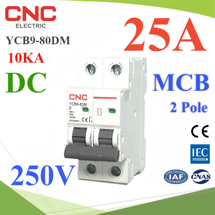 เบรกเกอร์ DC 250V 25A 2Pole เบรกเกอร์ไฟฟ้า CNC 10KA โซลาร์เซลล์ MCB YCB9-80DMMCB YCB9-80DM DC 250V 25A 2Pole 10KA Solar DC Mini Circuit Breaker CNC