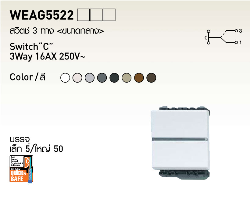สวิตช์สามทาง Panasonic ขนาดกลาง สีเมทัลลิคขาว WEAG5522MW 16A 250VWEAG 5522 MW Switch 3way Metalic White 16A 250V Panasonic