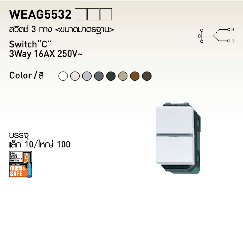 สวิตช์สามทาง Panasonic ขนาดกลาง สีเมทัลลิคขาว WEAG5532MW 16A 250VWEAG 5532 MW Switch 3way Metalic White 16A 250V Panasonic