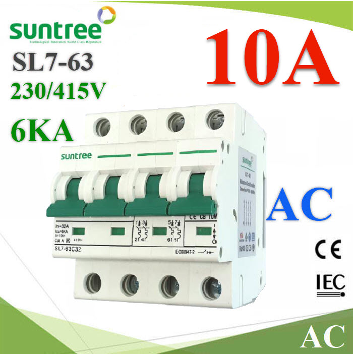 MCB AC 10A 4Pole เบรกเกอร์ไฟฟ้า ตัดวงจรไฟฟ้า กระแสเกินพิกัด ไฟลัดวงจร 6KA Suntree AC Miniature Circuit Breaker Suntree 400V MCB 4P 10A