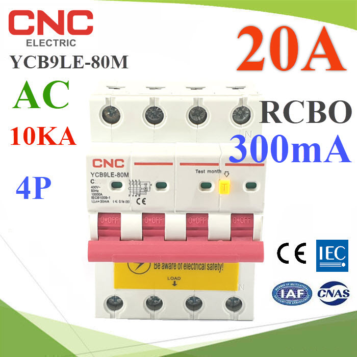 20A 4P RCBO 300mA RCBO Residual Current Circuit Breaker AC 3phase ON-GridYCB9LE-80M RCBO 4P 20A 300mA 10KA AC Residual Current Circuit Breaker with Overcurrent Protection