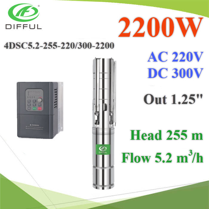 ปั๊มบาดาล 4 นิ้ว ไฮบริด AC DC 2200W ท่อ 1.25 นิ้ว Head 255 เมตร ไฟ AC 220V ไฟ DC 300V  อัตราไหล 5.2m3/h4DSC5.2-255-220/300-2200-AD Hybrid AC DC 2200W Solar Submersible Pump Brushless head 255m.