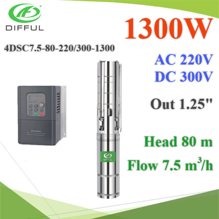 ปั๊มบาดาล 4 นิ้ว ไฮบริด AC DC 1300W ท่อ 1.25 นิ้ว Head 80 เมตร ไฟ AC 220V ไฟ DC 300V  อัตราไหล 7.5m3/h4DSC7.5-80-220/300-1300-AD Hybrid AC DC 1300W Solar Submersible Pump Brushless head 80m.