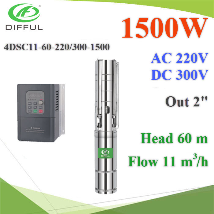 ปั๊มบาดาล 4 นิ้ว ไฮบริด AC DC 1500W ท่อ 2 นิ้ว Head 60 เมตร ไฟ AC 220V ไฟ DC 300V  อัตราไหล 11m3/h4DSC11-60-220/300-1500-AD Hybrid AC DC 1500W Solar Submersible Pump Brushless head 60m.
