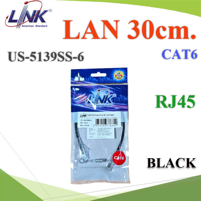 30 ซม. สายแลนสำเร็จรูป Link CAT6 US-5139SS-6 สีดำ หัวสาย RJ45 30 ซม. สายแลนสำเร็จรูป Link CAT6 US-5139SS-6 สีดำ หัวสาย RJ45US-5139SS-6 Blue LAN Small O.D. with RJ45 Connector Black 30cm