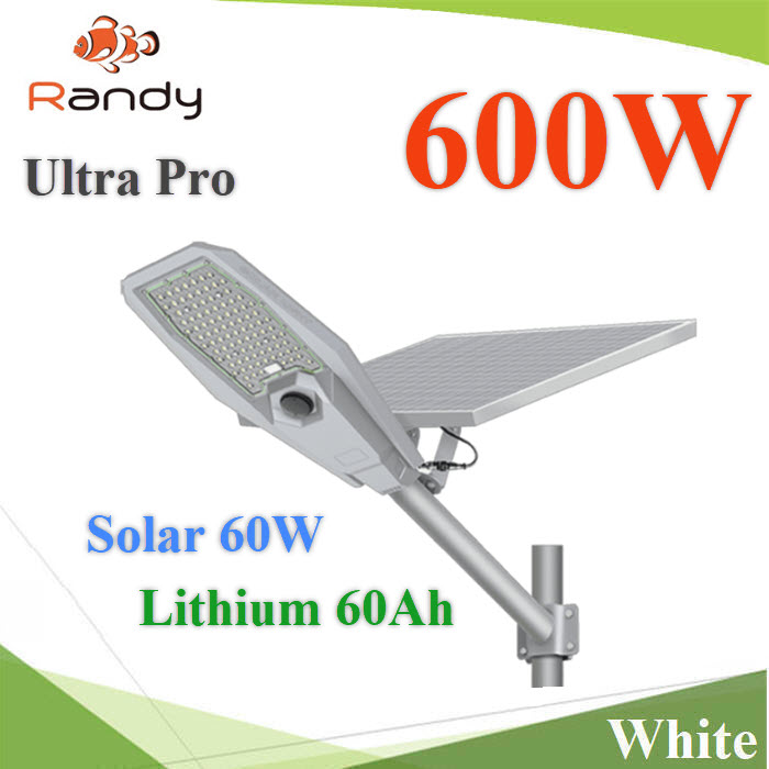 โคมไฟถนนโซล่า 600W อลูมิเนียม LED 90 SMD แผง 60W แบตลิเธียม 60Ah แสงขาวUltra-Pro 600W LED 90 SMD Solar panel 60W  Battery Lithium 60Ah Aluminum White