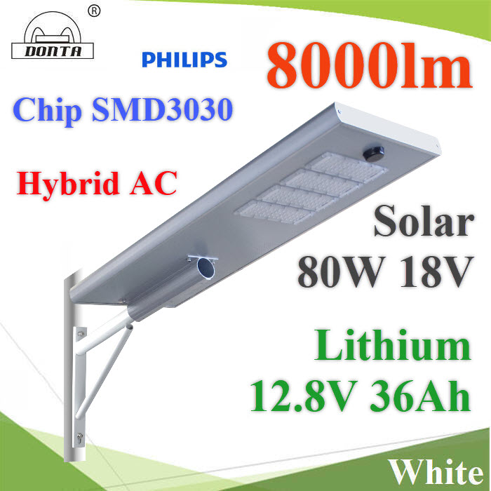 โคมไฟถนน All in one LED 8000LM โซลาร์ Mono 80W แบตเตอรี่ 12.8V 36Ah Hybrid AC functionSolar energy street light All in one LED 8000LM Solar 80W Lithium 36Ah Hybrid AC function