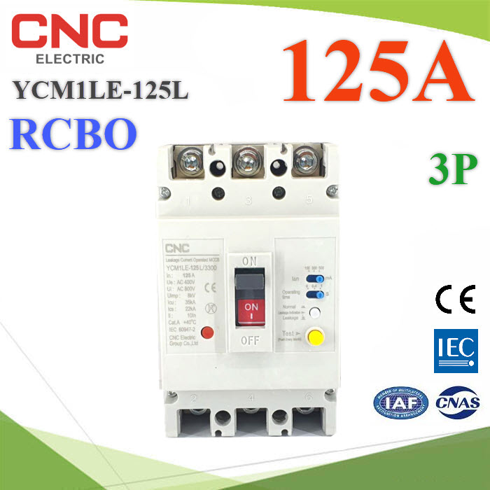 125A 3P เบรกเกอร์กันดูด RCBO ตัดวงจรไฟฟ้า AC เมื่อมีไฟรั่ว ไฟกระแสเกิน CNC YCM1LE-125LYCM1LE-125L RCBO 125A 3P AC Residual Current Circuit Breaker with Overcurrent Protection