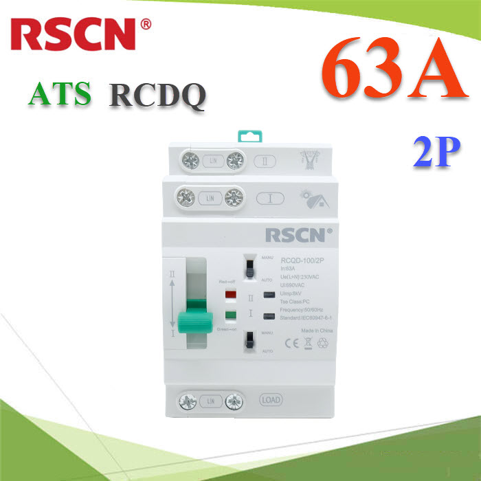 Mini ATS 2Pole เบรกเกอร์สวิทช์ 2 ทาง AC สลับไฟอัตโนมัติ Automatic transfer switch RSCN 63A Mini ATS 2Pole เบรกเกอร์สวิทช์ 2 ทาง AC สลับไฟอัตโนมัติ Automatic transfer switch RSCN 63ARCDQ 63A 2P Dual power Mini Automatic transfer switch RSCN AC 2Pole Single Phase