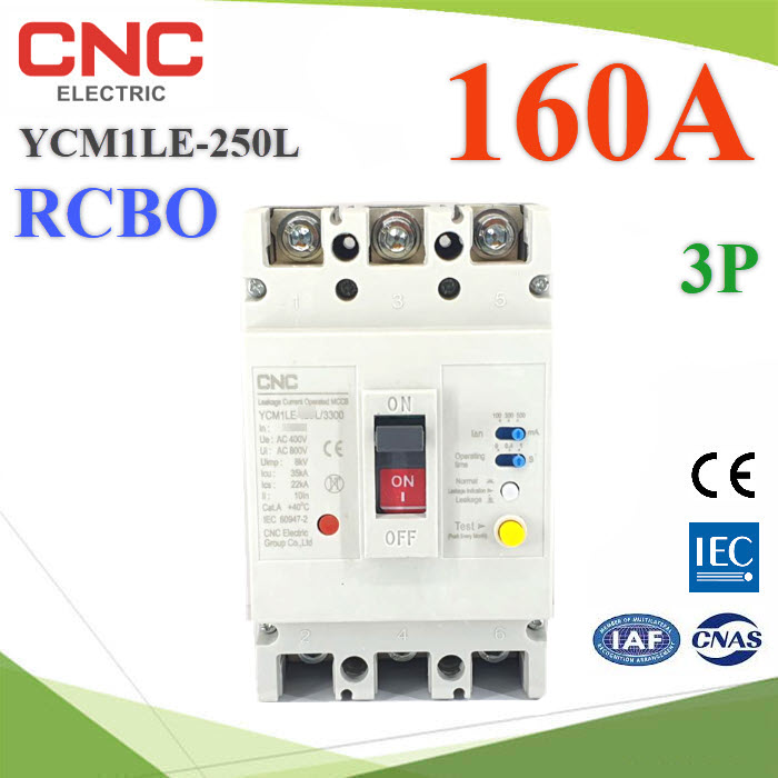 160A 3P เบรกเกอร์กันดูด RCBO ตัดวงจรไฟฟ้า AC เมื่อมีไฟรั่ว ไฟกระแสเกิน CNC YCM1LE-250LYCM1LE-250L RCBO 160A 3P AC Residual Current Circuit Breaker with Overcurrent Protection