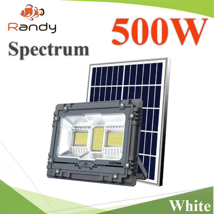 ไฟสปอร์ทไลท์โซลาร์ 500W อลูมิเนียม LED 381 SMD แผง45W แบตลิเธียม 36Ah แสงขาวSpectrum-500W Spotlight Solar LED 500W 381 SMD Solar panel 45W Lithium 36Ah Aluminum White