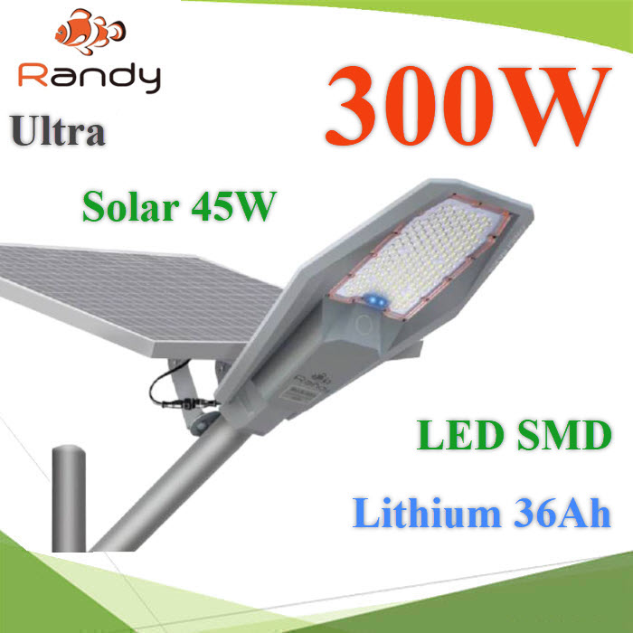 โคมไฟถนนโซล่า 300W อลูมิเนียม LED 300 SMD แผงโซลาร์ 45W แบตเตอรี่ลิเธียม 36Ah แสงขาวUltra 300W LED 300 SMD Solar panel 45W  Battery Lithium 36Ah Aluminum White