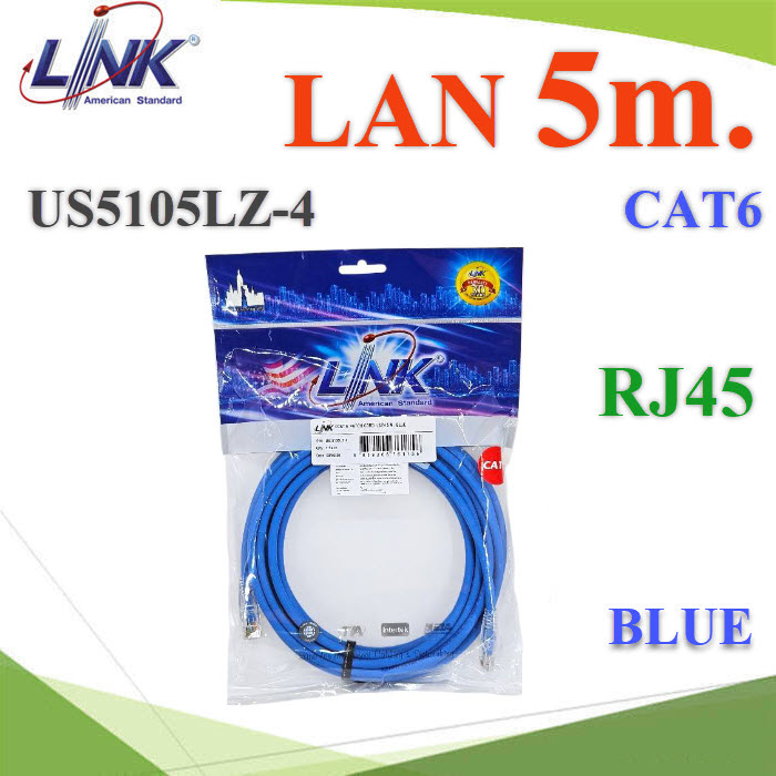 5 เมตร สายแลนสำเร็จรูป Link US-5105LZ-4 CAT6 หัวสาย RJ45 LSZH สีน้ำเงิน 5 เมตร สายแลนสำเร็จรูป Link US-5105LZ-4 CAT6 หัวสาย RJ45 LSZH สีน้ำเงินUS-5105LZ-4 RJ45 Lan Cable CAT6 5m LSZH BLUE