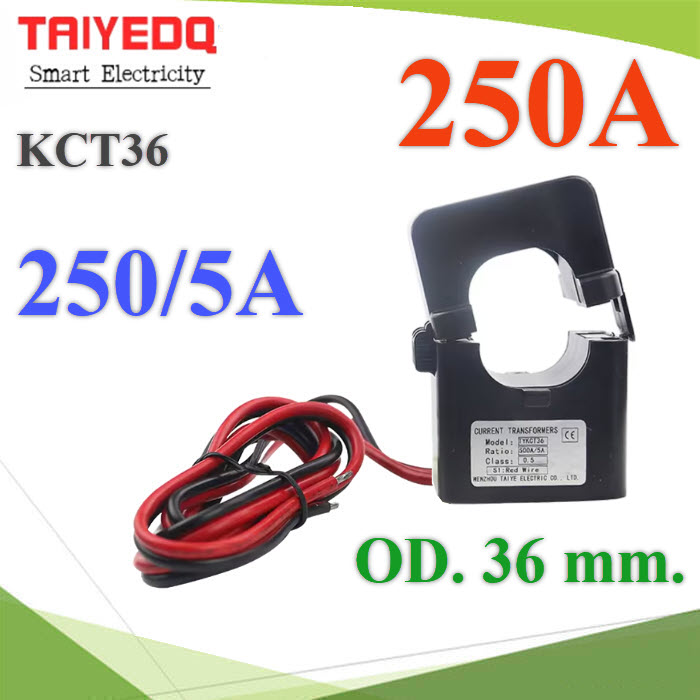 คอยล์ KCT36 สายไฟไม่เกิน 36มม. อัตราส่วน 250A/5A Split core CT แบบเปิดได้KCT36 CT Split Core 250A/5A Current Transformer Clamp CT Sensor TAIYEDQ Current Sensor OD 36 mm.