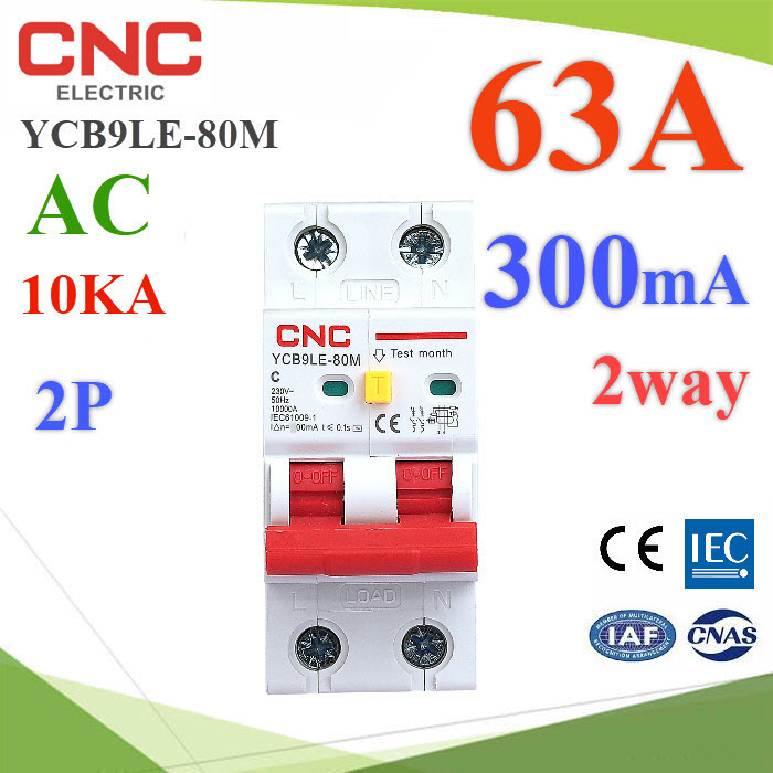 63A 2P RCBO 300mA เบรกเกอร์กันดูด AC ON-Grid L-N Residual Current Circuit Breaker MCB CNCYCB9LE-80M RCBO 63A 2P 300mA AC 10KA Residual Current Circuit with Overcurrent Protection