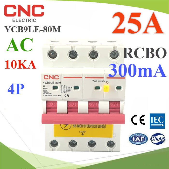 25A 4P RCBO 300mA เบรกเกอร์กันดูด RCBO Residual Current Circuit Breaker AC 3phase ON-GridYCB9LE-80M RCBO 4P 25A 300mA 10KA AC Residual Current Circuit Breaker with Overcurrent Protection