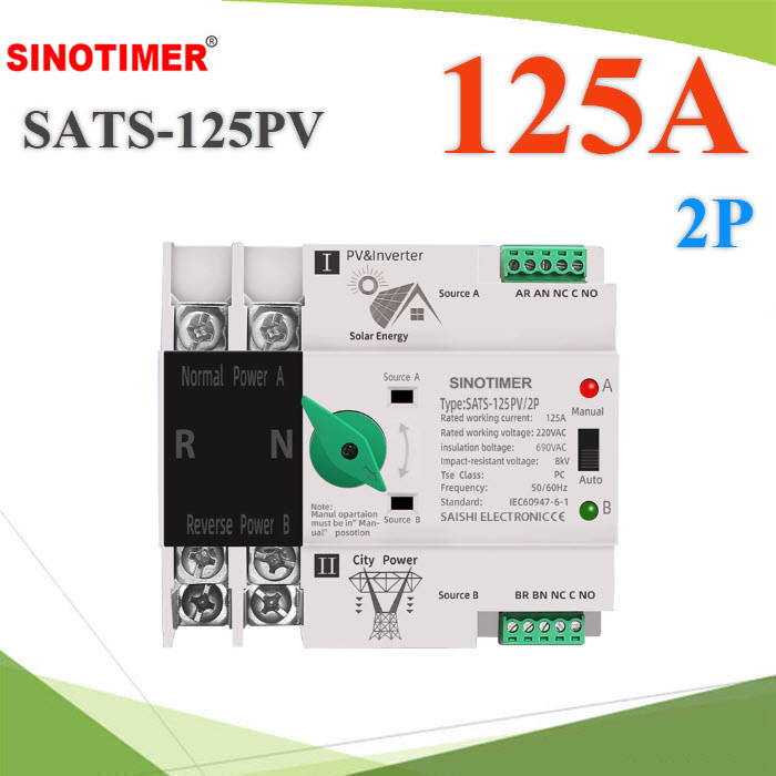 ATS 2Pole 125A เบรกเกอร์สวิทช์สองทาง AC สลับไฟเร็ว 8ms ระบบพลังงานแสงอาทิตย์ (0) ATS 2Pole 125A เบรกเกอร์สวิทช์สองทาง AC สลับไฟเร็ว 8ms ระบบพลังงานแสงอาทิตย์SATS-125PV-2P 125A 2P Solar ATS Switch 8ms Transfer PV Inverter and City Power IEC60947-6-1