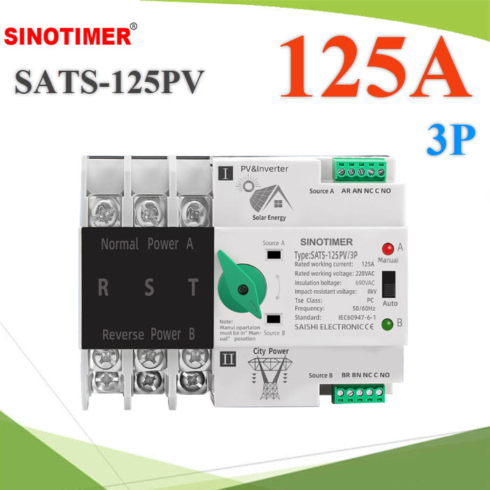 ATS 3Pole 125A เบรกเกอร์สวิทช์สองทาง AC สลับไฟเร็ว 8ms ระบบพลังงานแสงอาทิตย์ (0) ATS 3Pole 125A เบรกเกอร์สวิทช์สองทาง AC สลับไฟเร็ว 8ms ระบบพลังงานแสงอาทิตย์SATS-125PV-3P 125A 3P Solar ATS Switch 8ms Transfer PV Inverter and City Power IEC60947-6-1