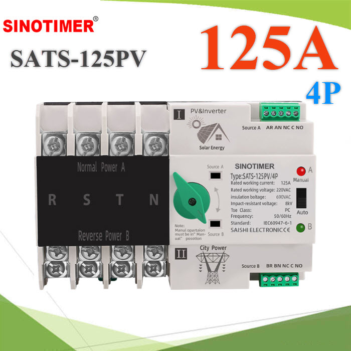 ATS 4Pole 125A เบรกเกอร์สวิทช์สองทาง AC สลับไฟเร็ว 8ms ระบบพลังงานแสงอาทิตย์ (0) ATS 4Pole 125A เบรกเกอร์สวิทช์สองทาง AC สลับไฟเร็ว 8ms ระบบพลังงานแสงอาทิตย์SATS-125PV-4P 125A 4P Solar ATS Switch 8ms Transfer PV Inverter and City Power IEC60947-6-1