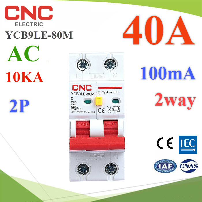 40A 2P RCBO 100mA AC ON-Grid L-N Residual Current Circuit Breaker MCB CNCYCB9LE-80M RCBO 40A 2P 100mA AC 10KA Residual Current Circuit with Overcurrent Protection