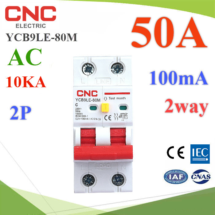 50A 2P RCBO 100mA AC ON-Grid L-N Residual Current Circuit Breaker MCB CNCYCB9LE-80M RCBO 50A 2P 100mA AC 10KA Residual Current Circuit with Overcurrent Protection
