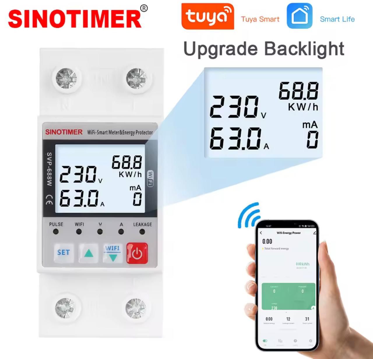 มิเตอร์วัดพลังงานไฟฟ้า SVP-688W WIFI AC พร้อม Energy Protector SVP-688W SINOTIMER AC WIFI Smart Meter and Energy Protector 