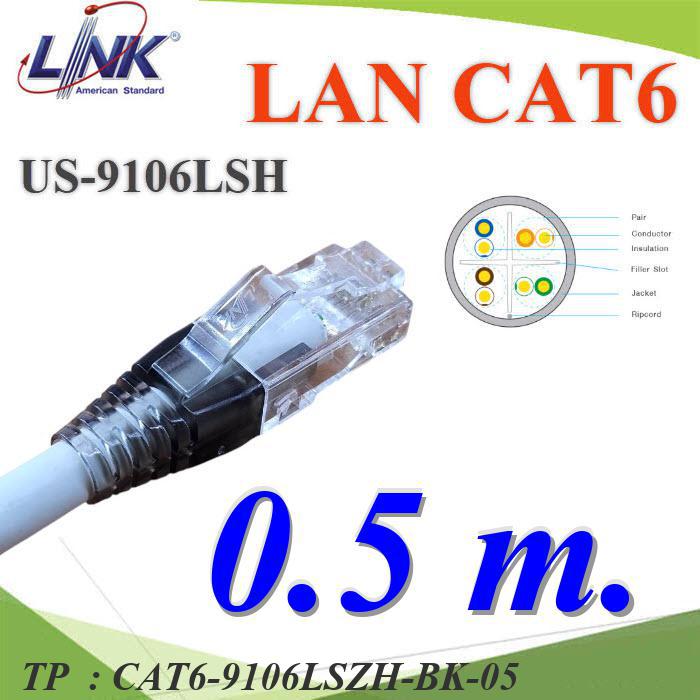 50 ซม. สายแลนสำเร็จรูป Link CAT6 US-9106LSZH สีขาว พร้อมย้ำหัวสาย RJ45 หัวล็อกสายสีดำ50 cm. Pre-made Link CAT6 US-9106LSZH White LAN Cable with RJ45 Connector and Black Lock