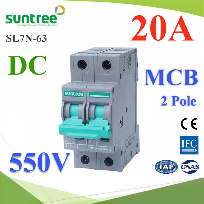 เบรกเกอร์ DC 550V 20A 2Pole เบรกเกอร์ไฟฟ้า SUNTREE BEC โซลาร์เซลล์ MCBSL7N-63 MCB DC 550V 20A 2Pole Solar PV Mini Circuit Breaker SUNTREE BEC