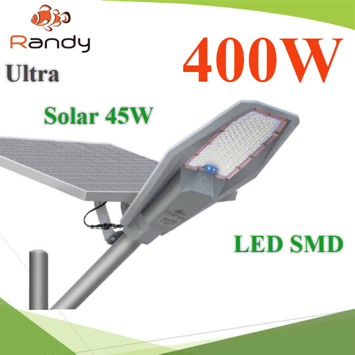 โคมไฟถนนโซล่า 400W อลูมิเนียม LED 300 SMD แผงโซลาร์ 50W แบตเตอรี่ลิเธียม 48Ah แสงขาวUltra 400W LED 300 SMD Solar panel 50W  Battery Lithium 48Ah Aluminum White