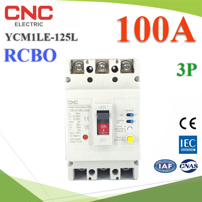100A 3P เบรกเกอร์กันดูด RCBO ตัดวงจรไฟฟ้า AC เมื่อมีไฟรั่ว ไฟกระแสเกิน CNC YCM1LE-125LYCM1LE-125L RCBO 100A 3P AC Residual Current Circuit Breaker with Overcurrent Protection